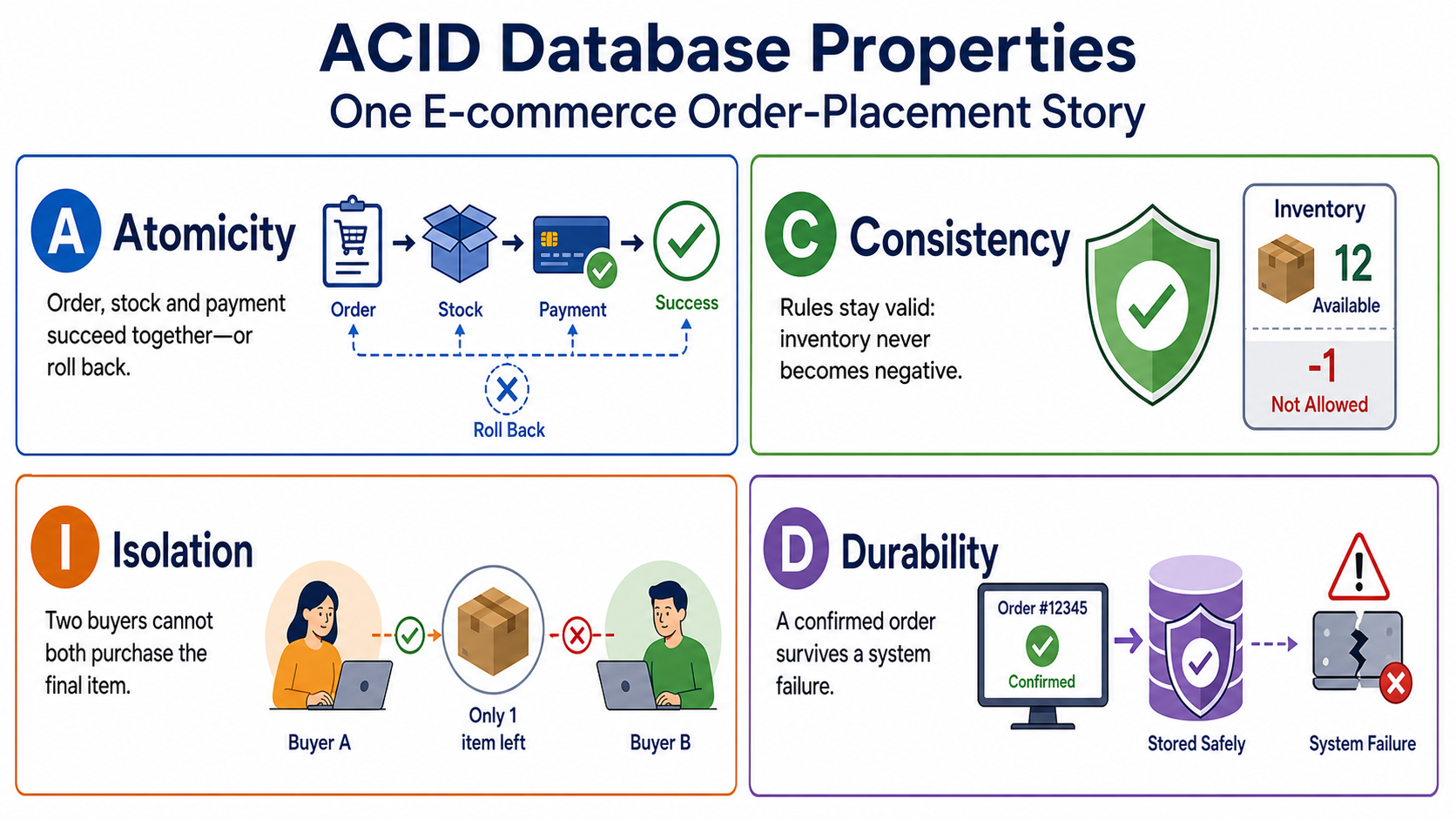 ACID properties explained through an e-commerce order
